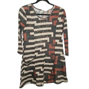 42Pops Abstract Geo Print Knit Dress Tunic Top Mini Small Pockets Casual  Small